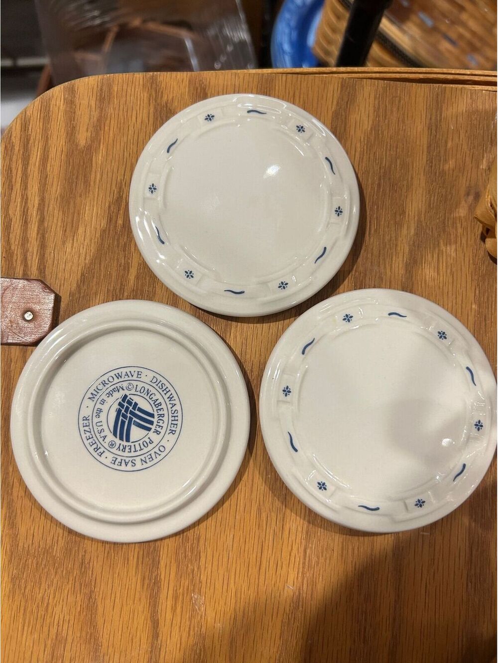 3 Longaberger USA Coffee mug covers Classic blue pottery